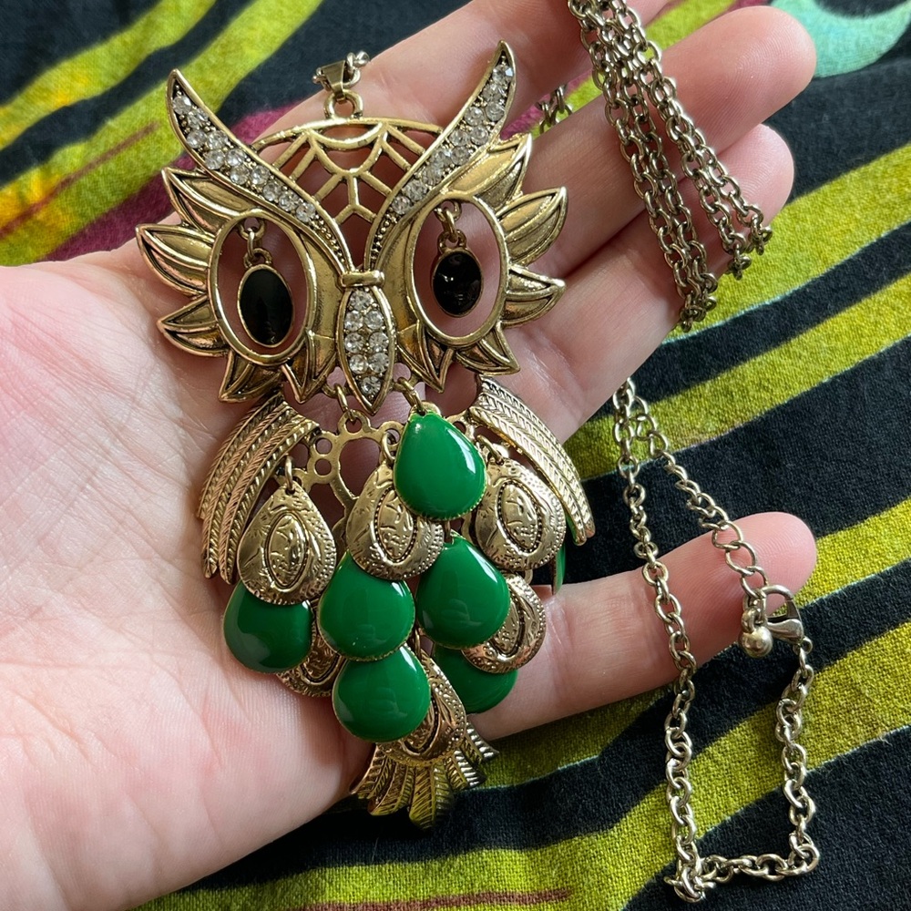 VTG Whimsigoth Boho Green Enamel Owl Statement Costume Jewelry Necklace - Picture 2 of 6